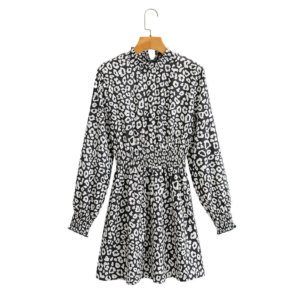 

Spring Vintage Printed Stand Collar Dress Women' Long Sleeve Casual Loose 210607, Picture color