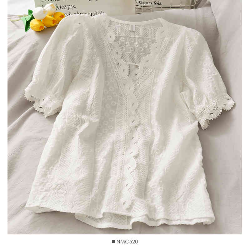 

Women's Blouses & Shirts Summer lace embroidered hollow V-neck fairy design loose shirt top Female DHRO, White