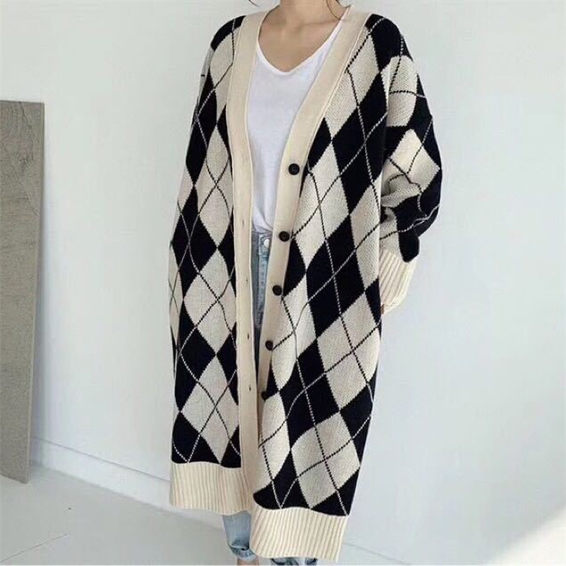 

Vintage Oversized Long Knitted Cardigans Women Autumn V-neck Single-breasted Patchwork Plaid Female Open Stitch Sweater 210517, Beige