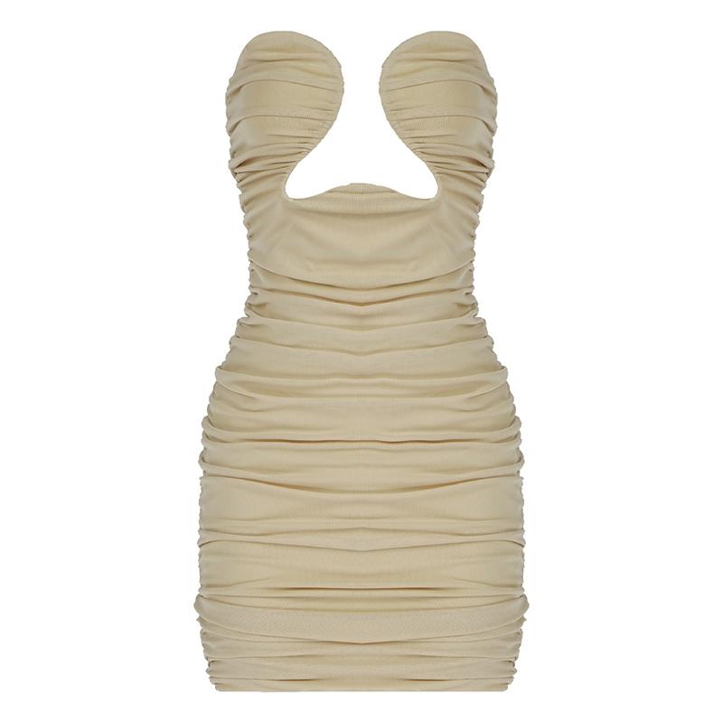 

Casual Dresses S 2021 Women Summer Black Nude Cut Out Strapless Ruched Short Mini Party Dress Wholesale