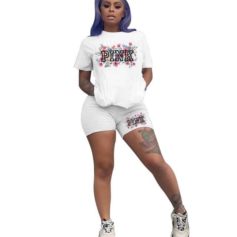 

Loungewear Flower Casual Workout Active Wear Women Two Piece Sets Short Sleeve Letter Print The 90s T Shirts + Biker Shorts 210525, Sky blue