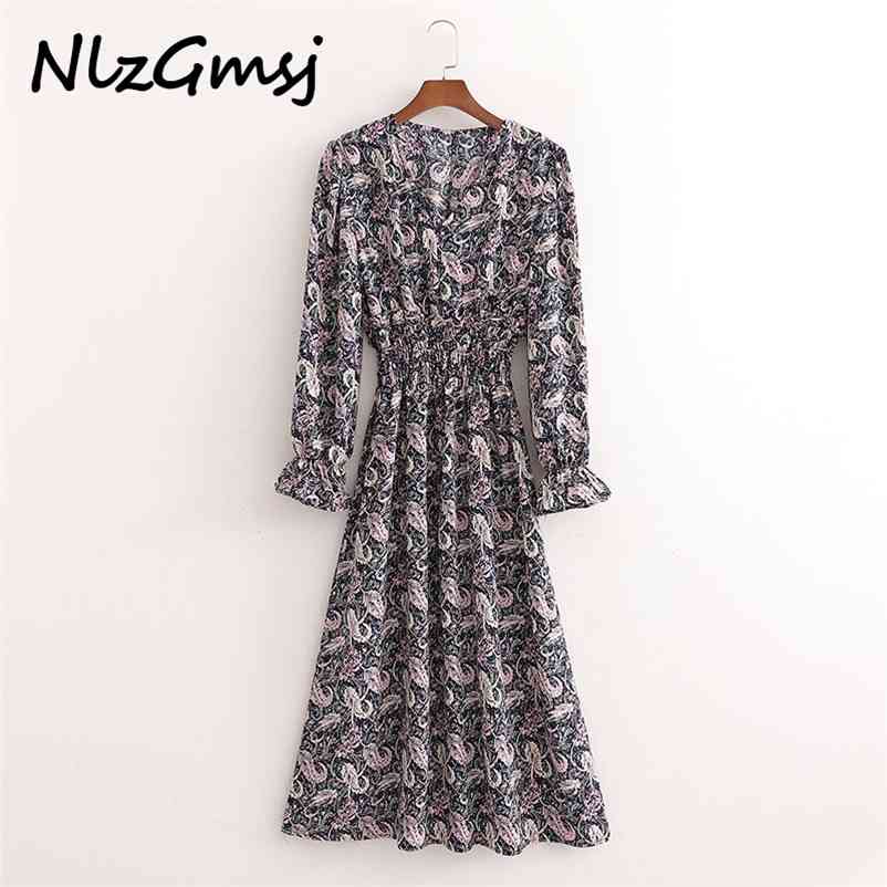 

Dress V Neck Ruffles Mid-Calf Full Sleeve A Line Floral Print High Street Clothing Spring Summer 210628, As picture