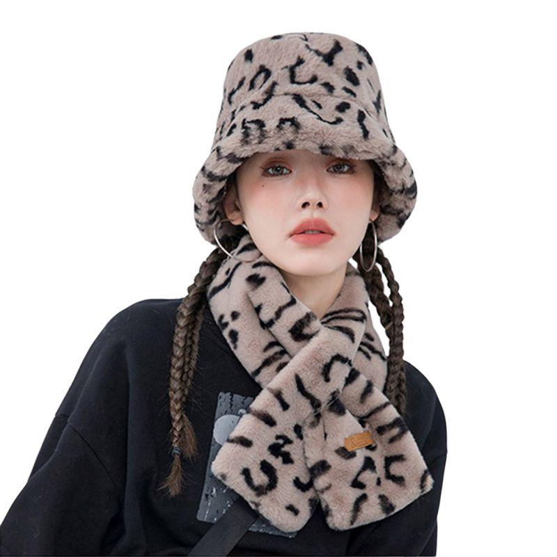 

Berets 2pcs/Set Winter Women Leopard Print Faux Fur Plush Bucket Hats Scarf Outdoor Warm Hat Soft Velvet Fisherman Cap