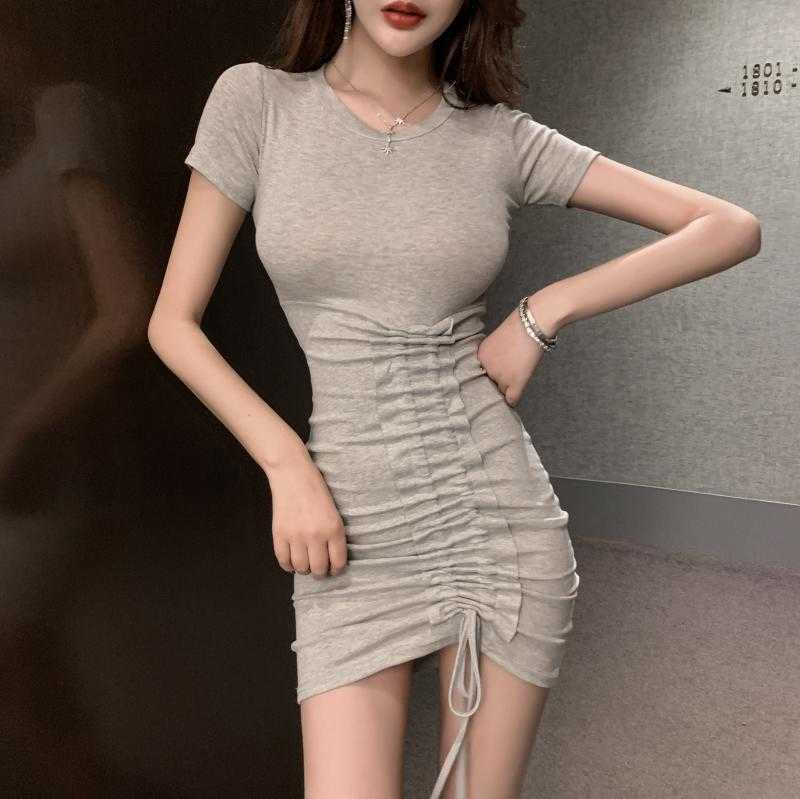 

Summer Korean Slim Fashion Women's Net Red Sexy Waist Thin Drawstring Bag Hip Dress 210603, Black