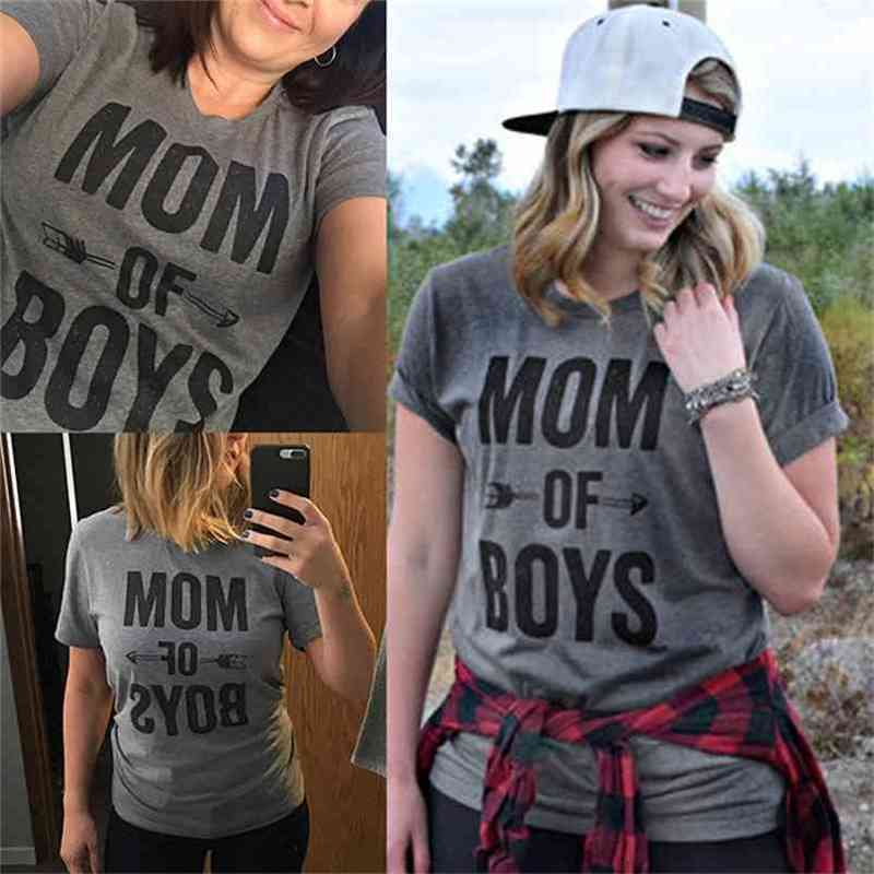 

Women Summer T-shirt MOM OF BOYS Letter Print Casual O-neck Ladies Short Sleeves Gray Pullover Tees Tops Poleras De Mujer 210517