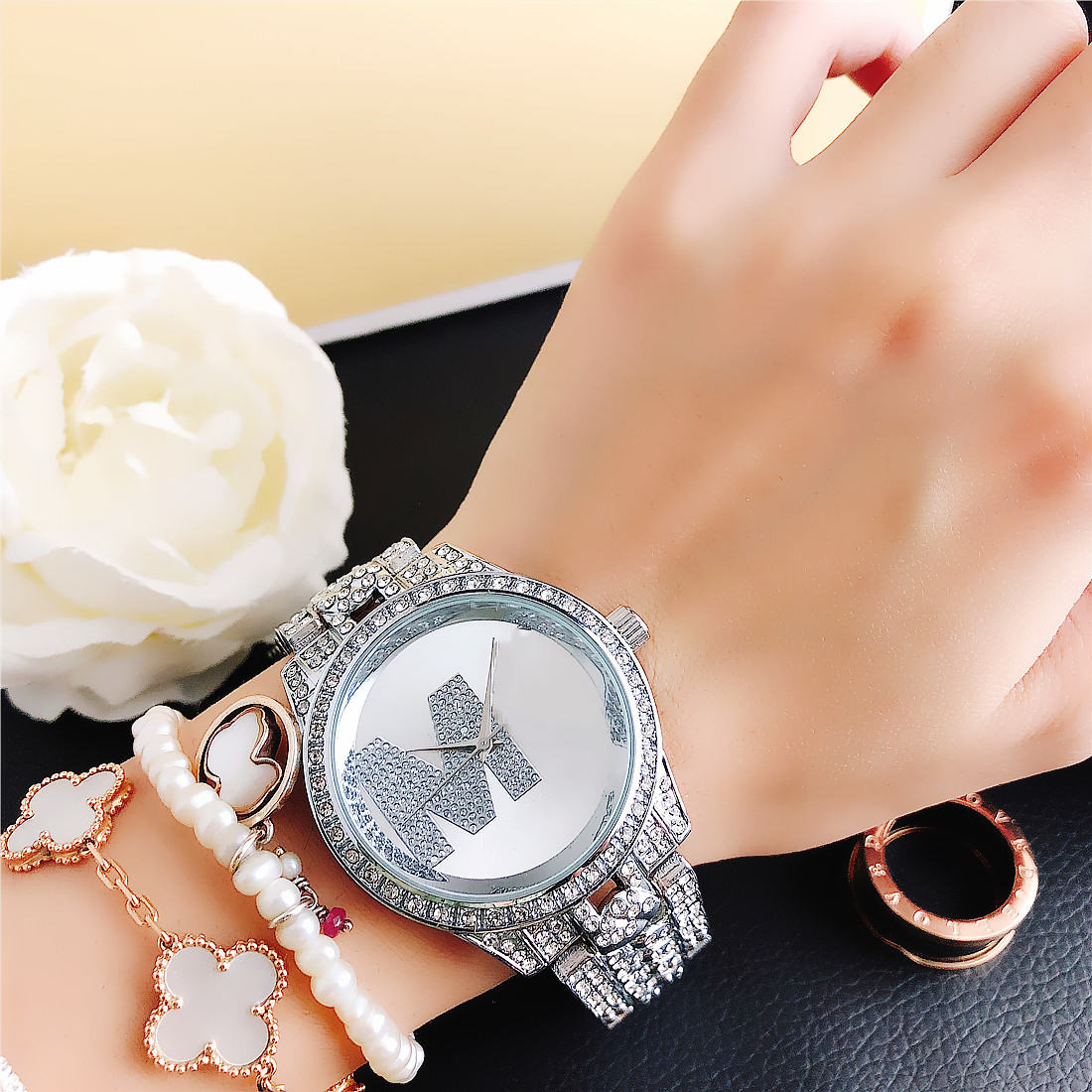 

uppercase letter gold watch women watches 37mm fashion dress datejust diamond 5 Color dial stainless steel strap quartz movement