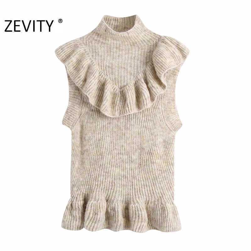 

Zevity Women Fashion Turtleneck Collar Cascading Ruffle Knitting Sweater Lady Sleeveless Casual Chic Vest Pullover Tops S449 210603, As pic s449bb