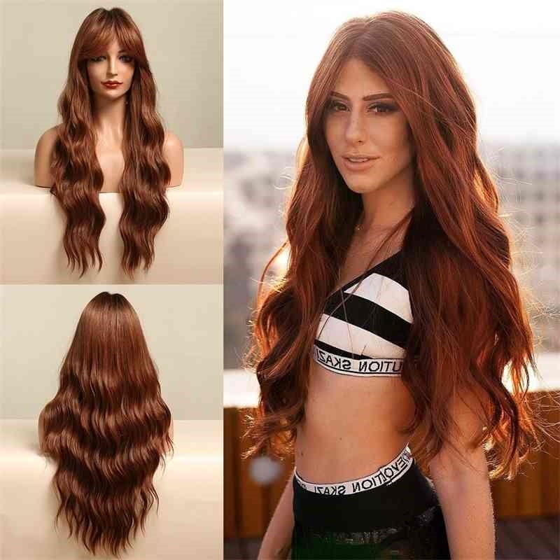

character eight 2021 new bangs long curly hair big wave reddish brown. Warm silk fashion wig full head cover, Medium brown