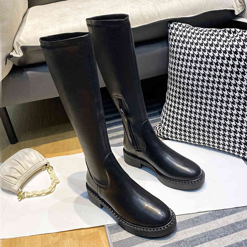 

boots spring and autumn new fashion knee-length stretch women's square toe thick-soled martin party shoes kljr, Black