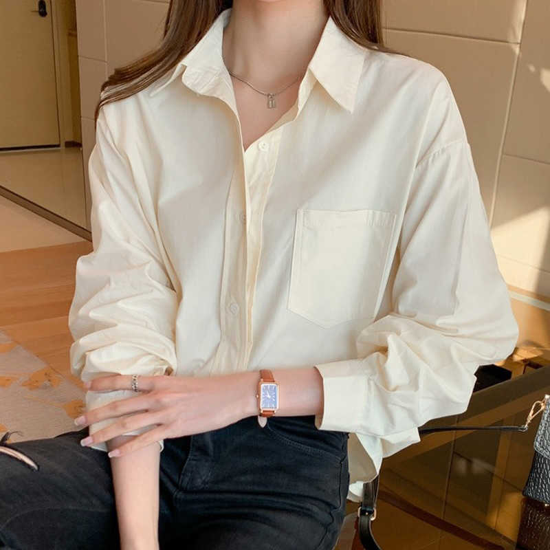 

Spring Summer Cotton Tops Shirt Long Sleeve White Shirt Female Turn-down Collar Loose Solid Women Blouse Fashion Tops 210527, Light yellow