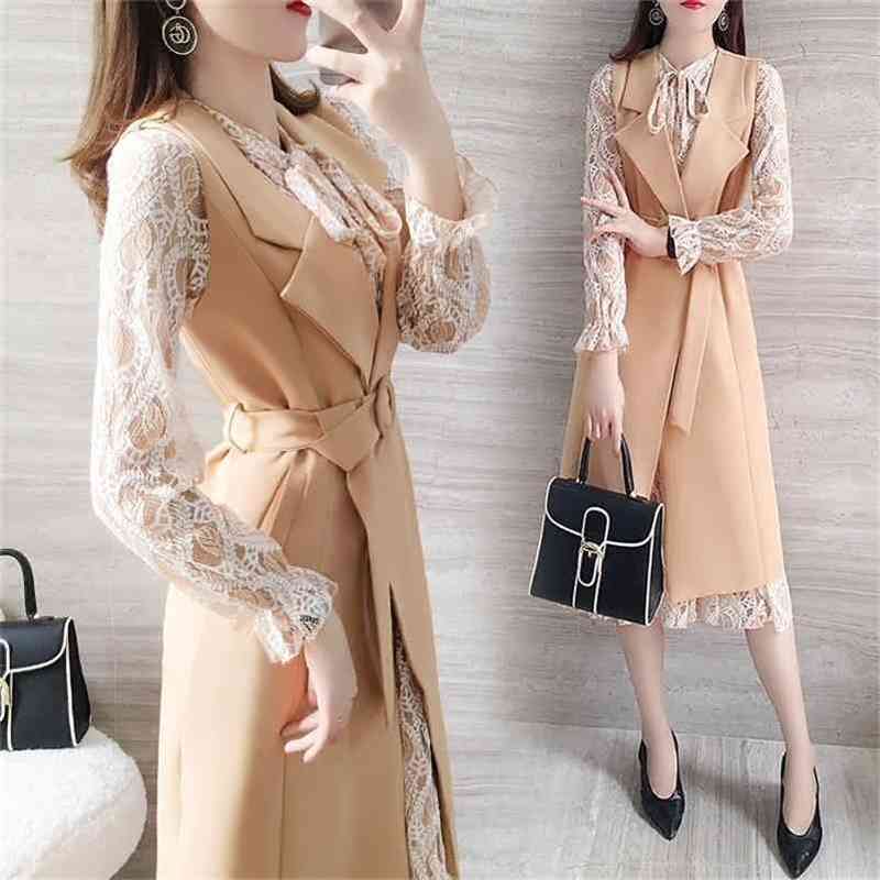 

Spring two-piece dress autumn goddess temperament lace skirt with vest jacket suit Office Lady Button Fly 210603, Gray