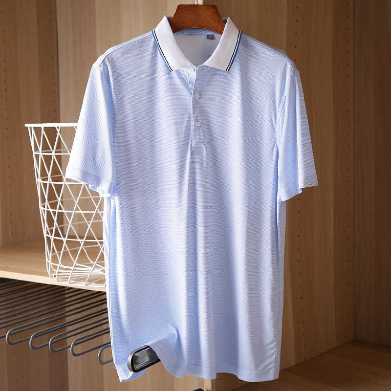 

men's summer Polo slim cotton short sleeve T-shirt Light Blue Stripe
