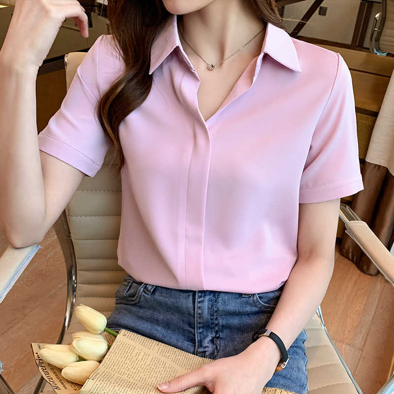 

Korean Women Shirt Chiffon Blouse for Short Sleeve  Tops Woman White Office Lady Plus Size Basic OL 210604, Pink