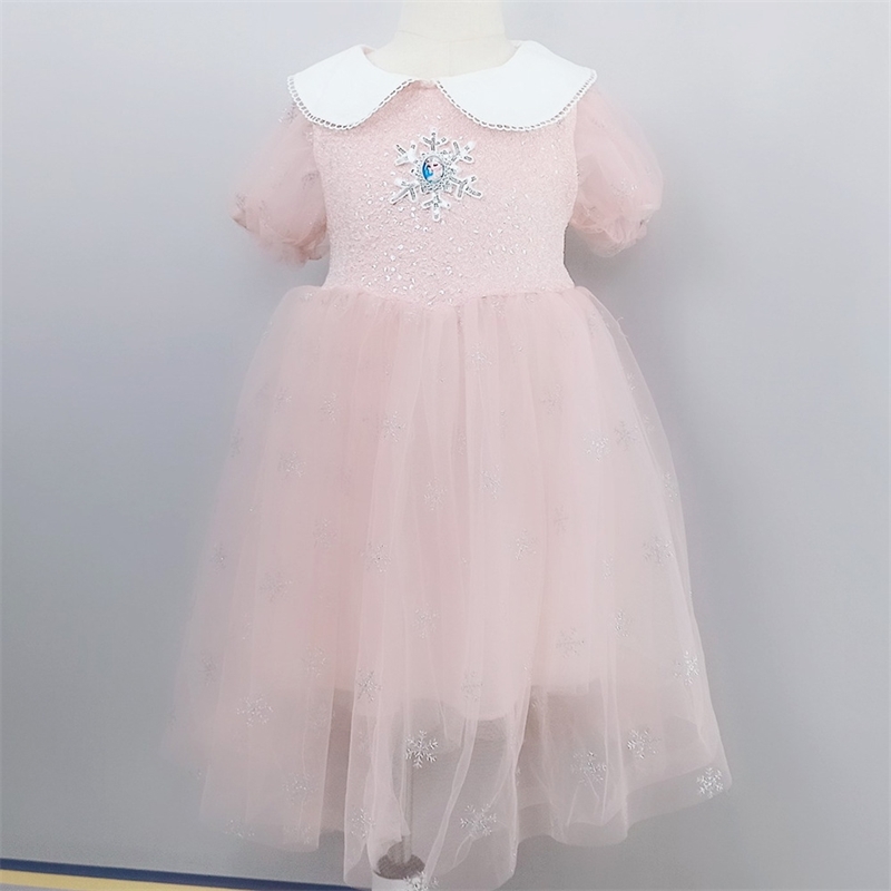 

2021 summer autumn girl's dress ice and snow Qiyuan stitching embroidery pengpeng snowflake gauze Aisha princess skirt, Pink