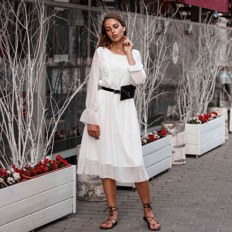 

Ruffles Polka Dot Women Chiffon Dress Elastic Waist Flare Sleeve Female Long Vestidos A-line White Dress 210518
