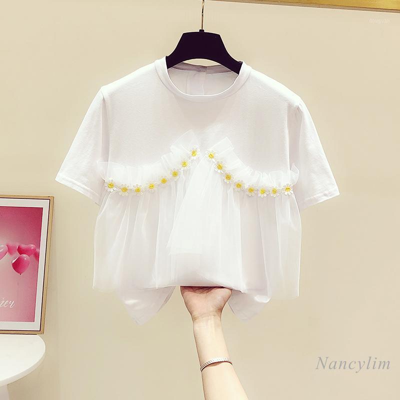 

Mesh Patchwork Round Neck Irregular Design Short Sleeve T-shirt Women' 2021 Summer Casual Top White Tees Nancylim