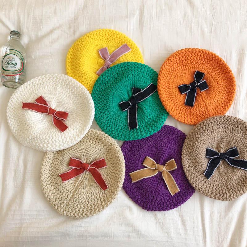 

Berets 2021 Autumn And Winter Korean Style Classic Retro Children's Warm Breathable Knitted Twist Bow Hat, White