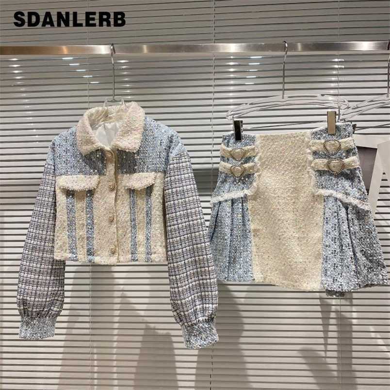 

Two Piece Sets Women Spring Autumn Fashion Short Coat Sequins Beading Patchwork Elegant Clothing + Short Skirt Suit 211109, 2-piece set