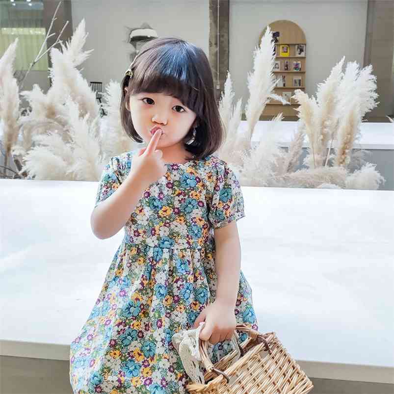 

Arrivals Summer Girls Dress Cute O Neck Print Floral Vestidos 2-7T 210629, Blue