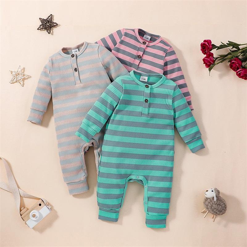 

Jumpsuits Born Baby Long Sleeve Romper With Horizontal Stripes Print Boys And Girls Bottom Button Casual Spring Outfit, A3