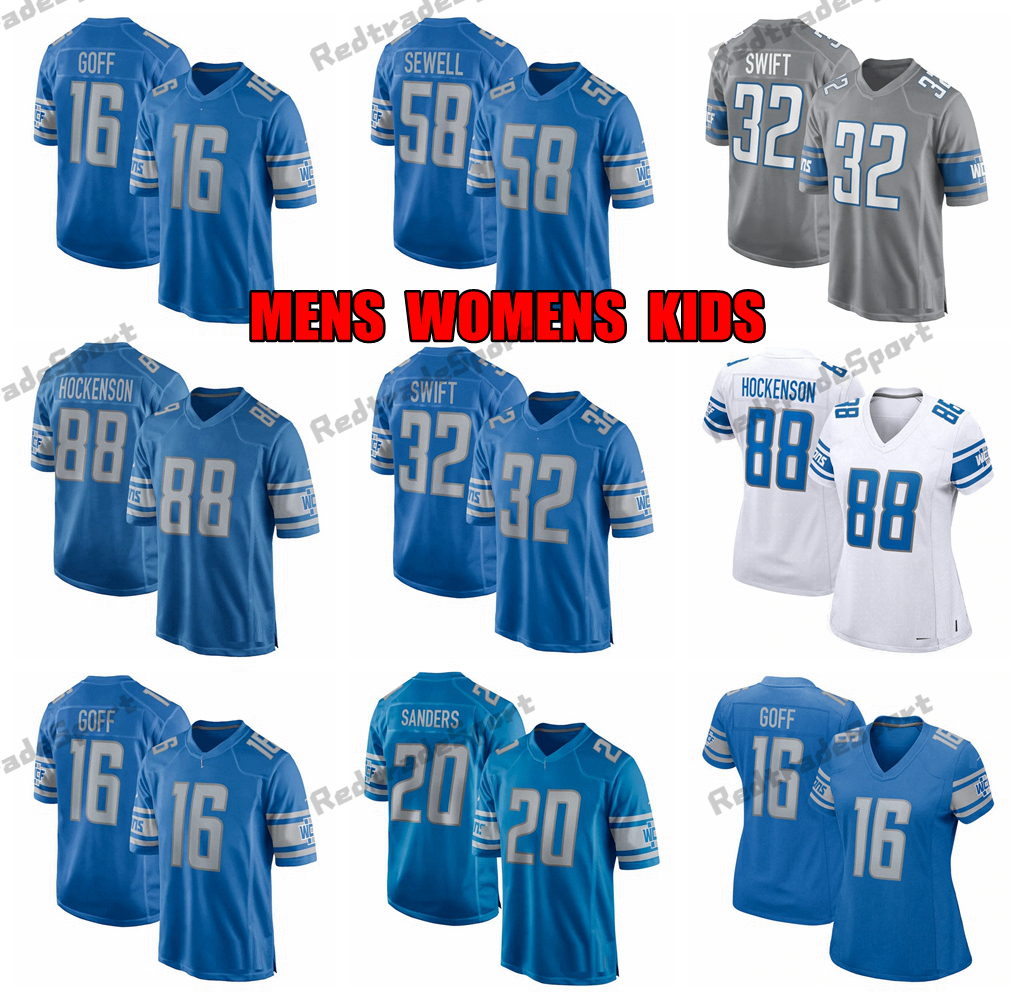 

Mens custom Football Jerseys Embroidery 16 Jared Goff 32 D'Andre Swift 88 T.J. Hockenson 23 Jeff Okudah 20 Sanders Womens Kids Jersey Blue Grey Shirts, Mens s-xxxl