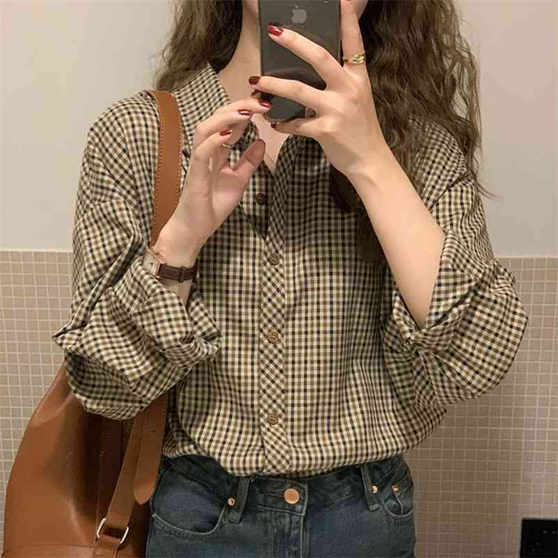 

Plaid Shirts Women Elegant Basic Classic Turn Down Collar Retro Loose Office Lady Korean Long Sleeve Blouse Femme Tops 210519