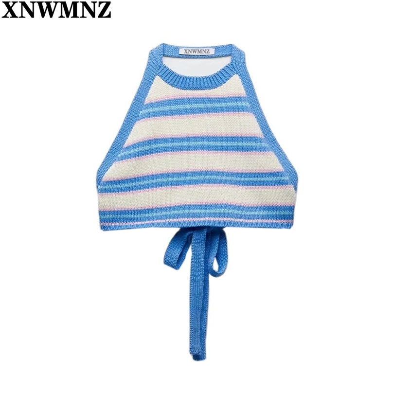 

Summer sweater women's sweet suspender short top Retro sexy backless striped knitted Girl's Knitted vest 210520, Green