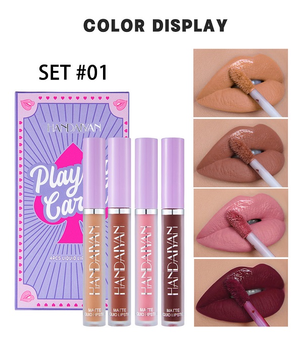 

Purple lipstick lipsticks lip gloss New Poker packing 4 colors in one box Matte fog effect non stick cup waterproof does not fade easily Nutritious containing Vitamin, As pic