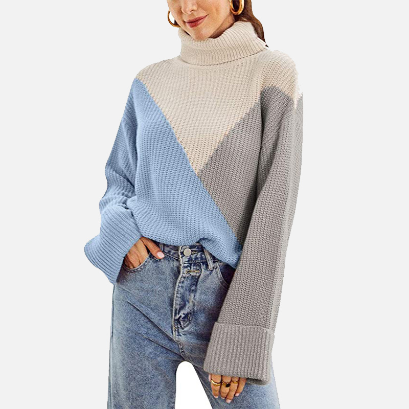 

Women' Knitted TurtleNeck Sweater Pullover Patchwork Color Female Pullovers Knitting Autumn Winter Ladies Loose Sweaters 210524, Gray