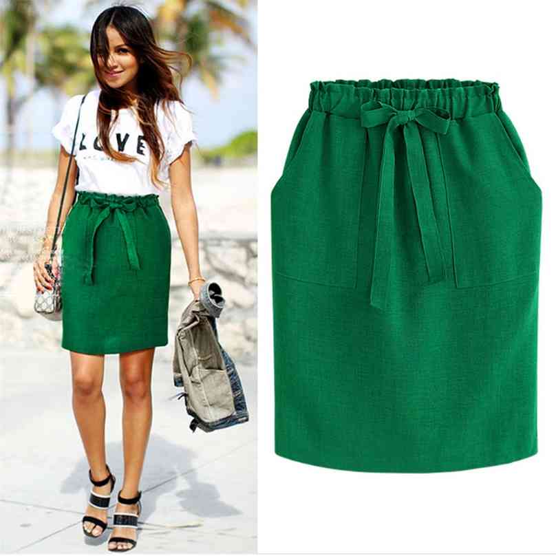 

Spring Summer Elegant Midi Skirts Womens Office Pencil Cotton Elastic Waist Package Hip Bow Green 210629, Blue