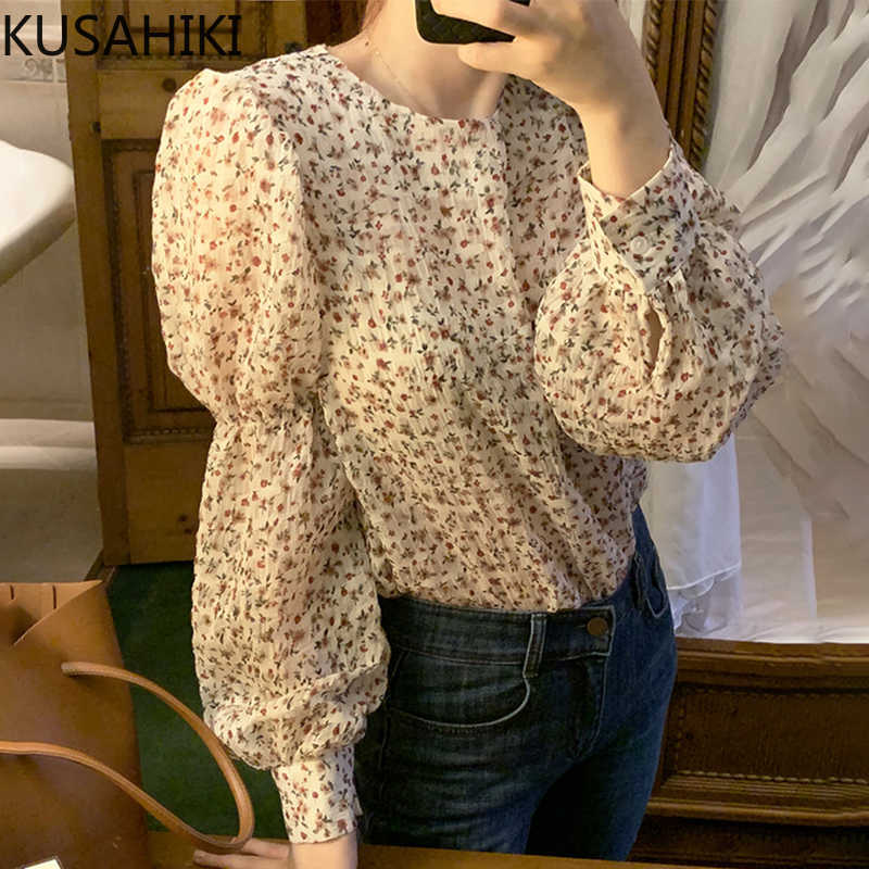 

Korean Chic Floral Womens Tops Causal Puff Long Sleeve O-neck Blouses Spring Elegant Blusas Femme Shirt 6F714 210603, Black
