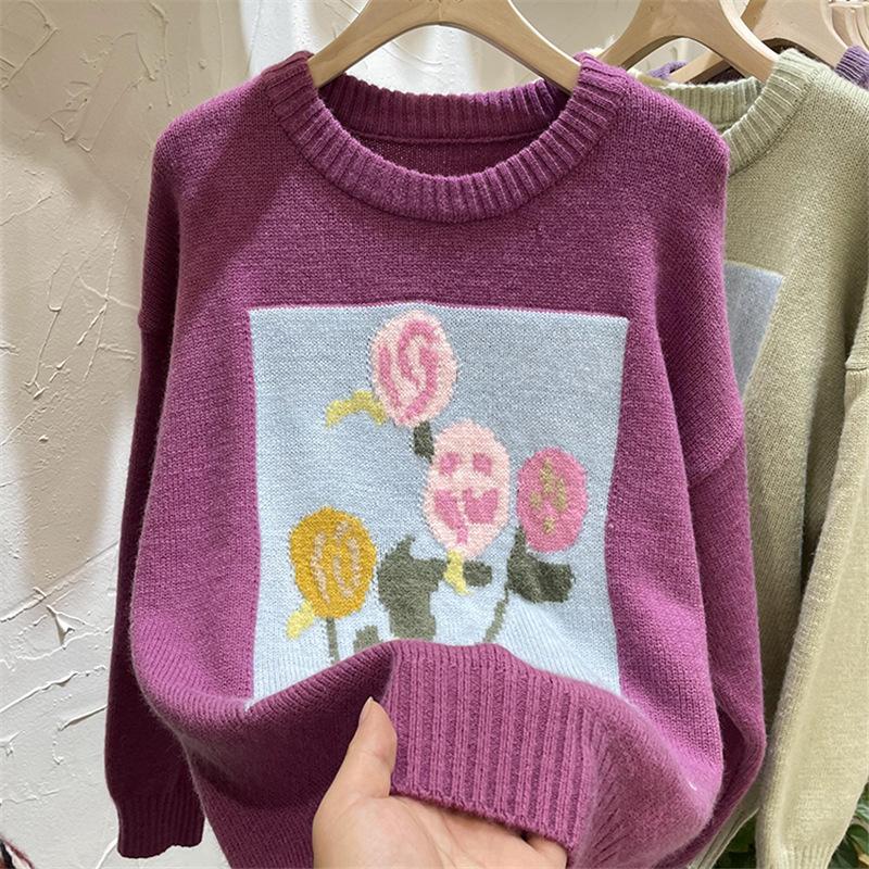 

Women's Sweaters 2022 Autumn Winter Vintage Floral Sweater Women Casual Long Sleeve Pullover Loose O-neck Knitted Chi Tops, White;black