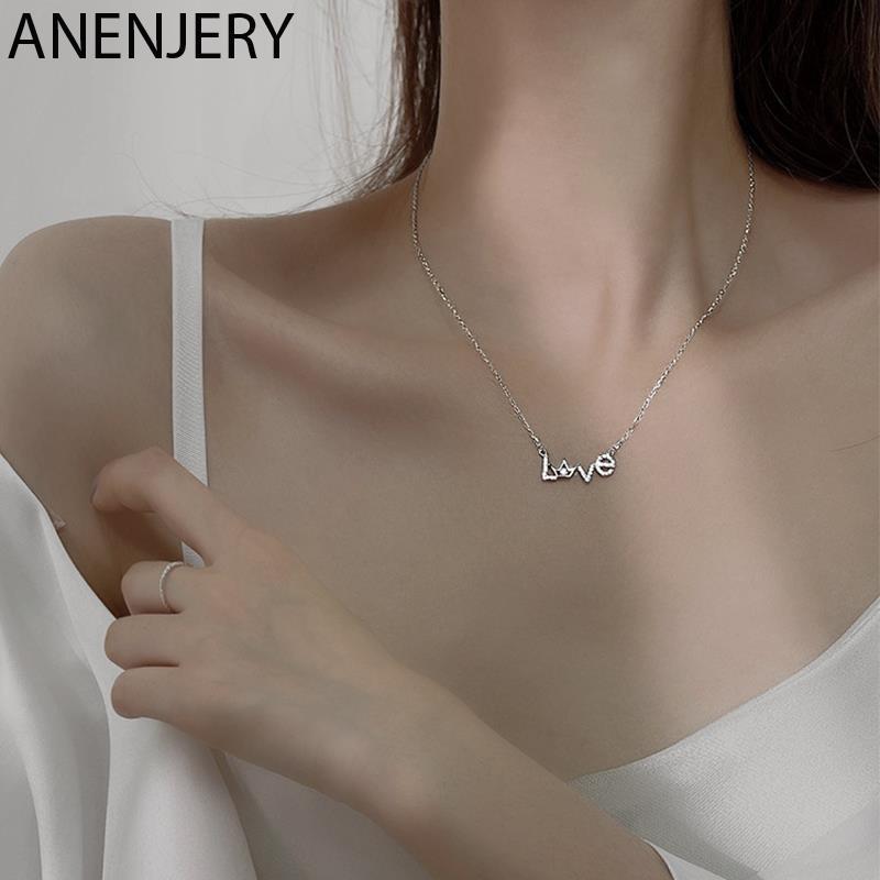 

Chains ANENJERY 925 Sterling Silver Zircon Crown LOVE Letter Necklace For Women Niche Design All-Match Clavicle Chain Jewelry Gift