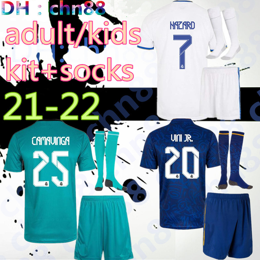 

21 22 Real Madrid HAZARD ALABA VINI JR. soccer jersey 2021 2022 BENZEMA SERGIO RAMOS KROOS ASENSIO MODRIC MARCELO men adult kits kids kit + socks football jerseys, Picture
