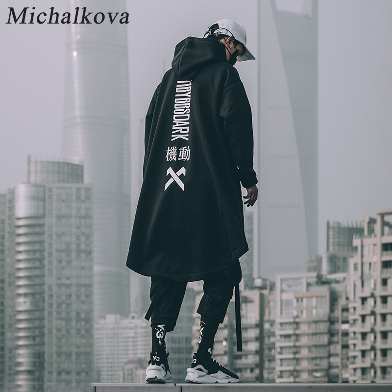 

michalkova japanese sweatshirt mens oversize hoodies long cloak hip hop gothic outwear streetwear coat harajuku style male, Black