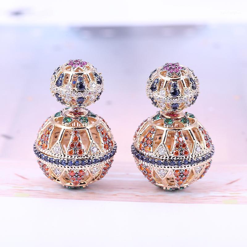 

Luxury 18mm Zirconia Ball Stud Earring Paved Full CZ Stone Reversible Double For Women Anniversary Gift, Golden;silver