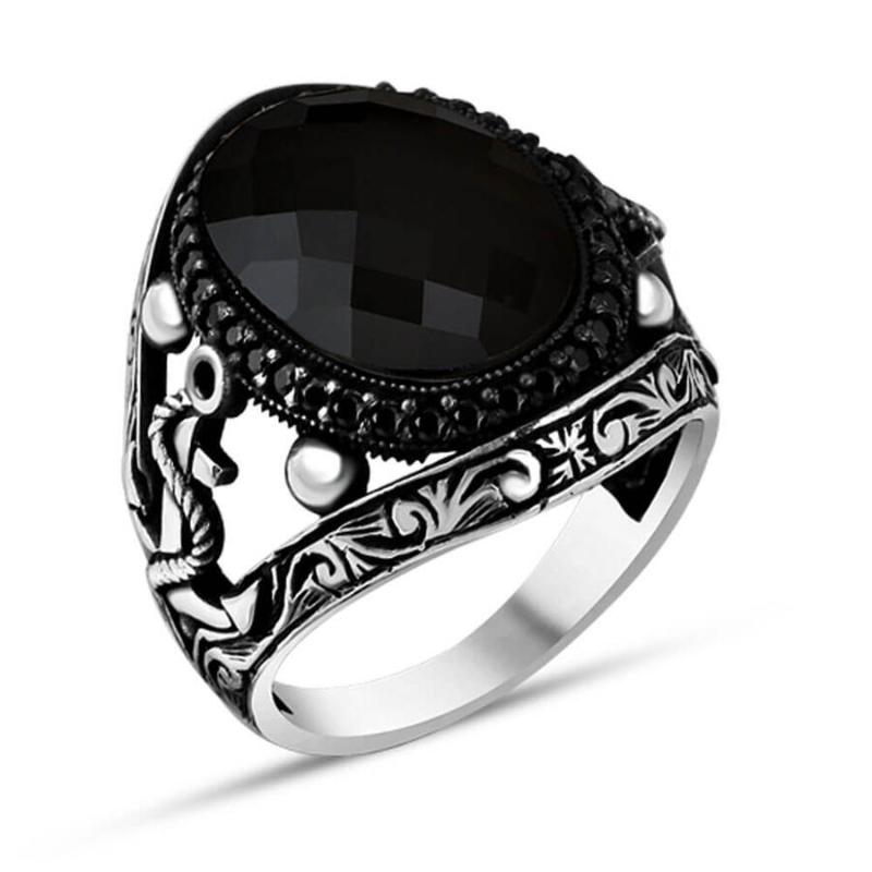 

Men Silver Ring With Big Black Zircon Stone And Anchor Motif Modern Gifts Made In Turkey Solid 925 Sterling Cluster Rings