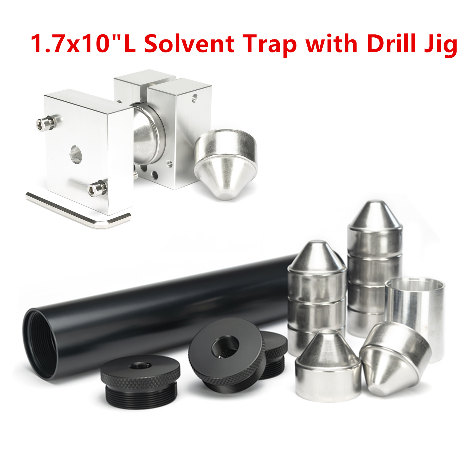 

Fuel Filter 1.75''OD 10"L Aluminum Tube 9x Stainless Steel Cups 1/2-28 and 5/8-24 Solvent Trap with Baffle Cone End Cap Guide Drill Jig Fixture