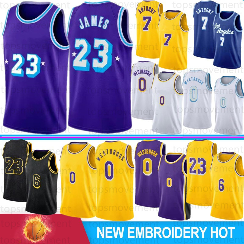 

75th Anniversary Russell 0 Westbrook Men Basketball Jerseys 2021 Front 6 Back 23 James Los Anthony 3 Davis Angeles 7 Anthony Embroidered LeBron Yellow Purple S-XXL, Men huren+75th