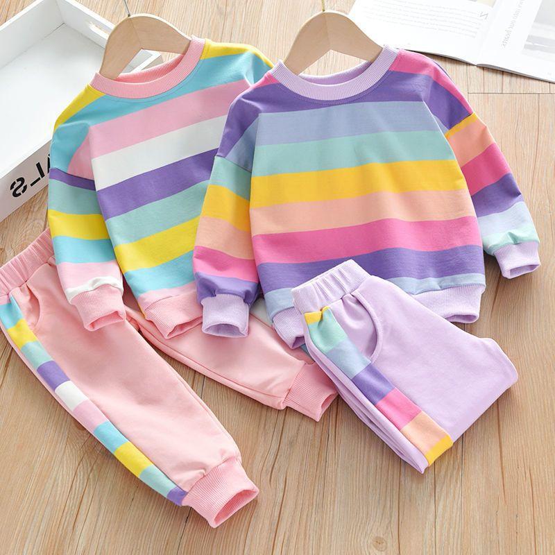 

Clothing Sets Children For Girls Rainbow Stripe Long Sleeve Pullover+Trousers Baby Clothes Spring Fall Kids Tracksuits, Pink