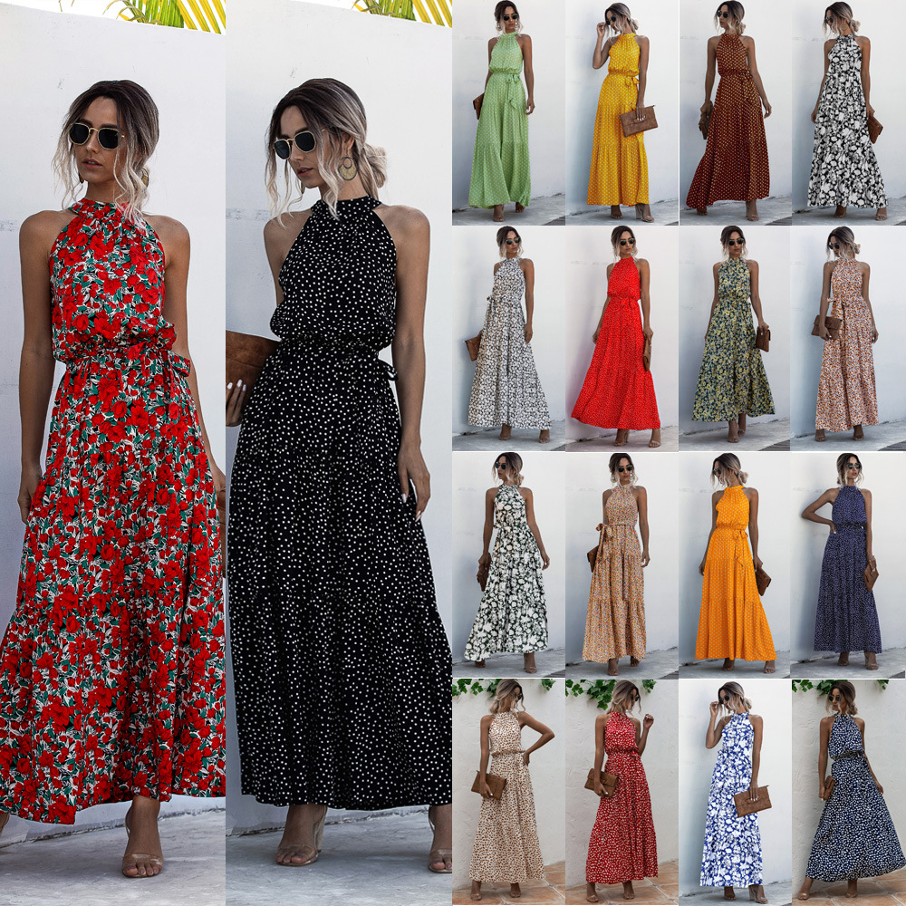 

2021 Leisure 18 Color Wave Point Print Neck Strap Dress Long Skirt Factory Price Expert Design Quality Latest Style Original Status, As pic