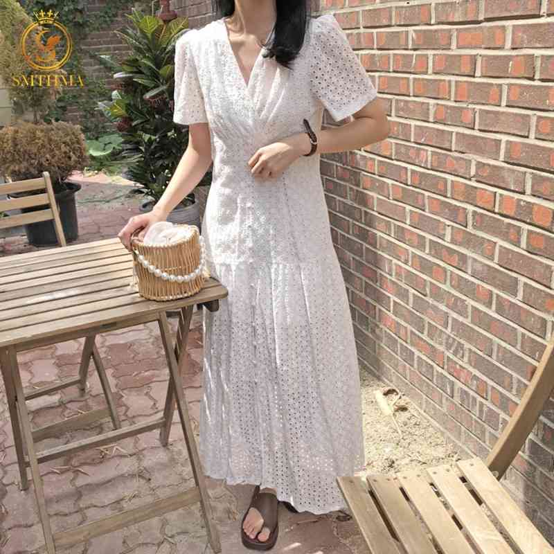 

Lace Hollow Out White Embroidered Flower Dress Women's Fashion French Elegant High Waist V-Neck Vestidos 210520, Picture color