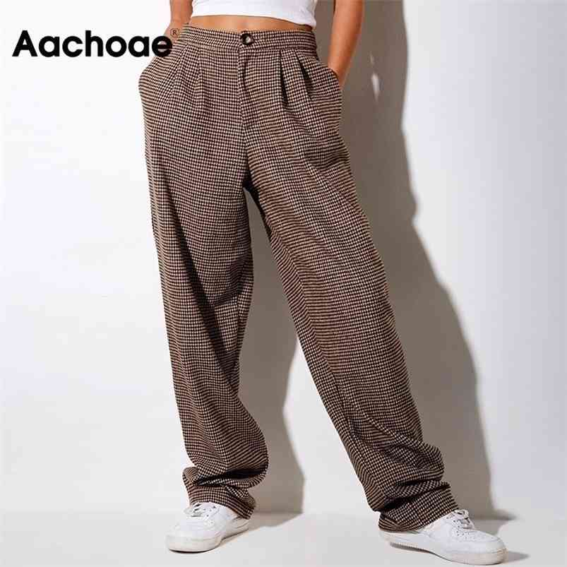 

Aachoae Elegant Full Length Plaid Pant Pleated Loose Lady Harem Pants Casual Houndstooth Wool Long Trousers Pantalon 210721, Gray
