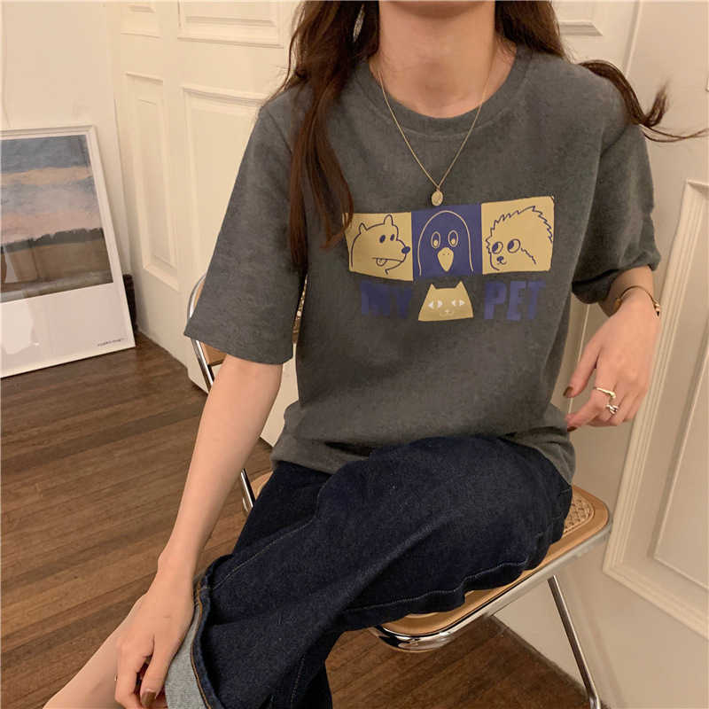 

Cover Buttocks Top Korean Versatile Loose Animation Printing Short Sleeve T-shirt Female Summer Trend Student Tee 210607, Black