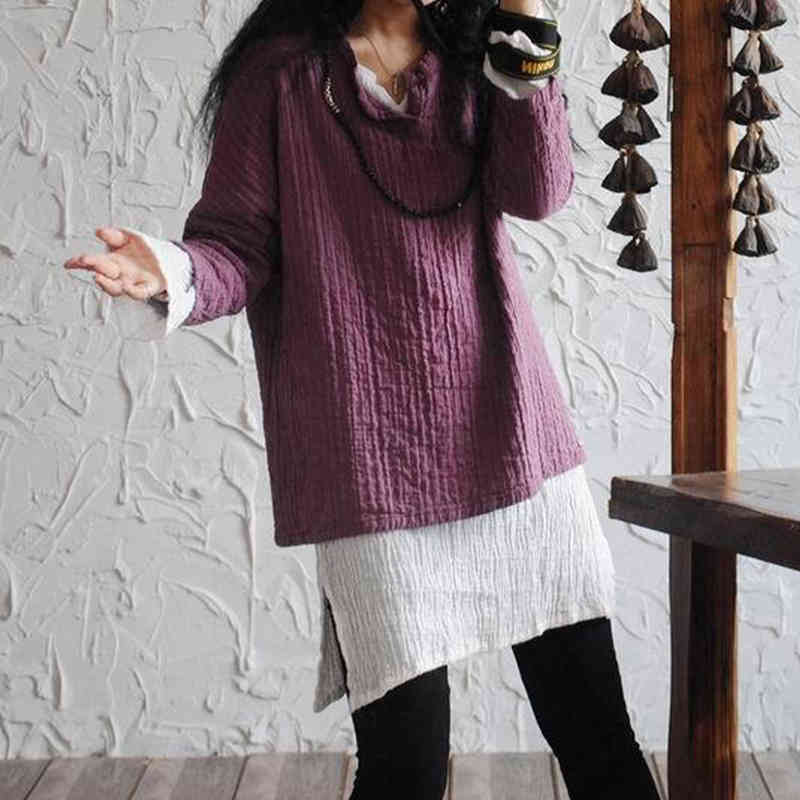 

Johnature Women Vintage Solid Color Texture T-Shirts Linen V-Neck Autumn Loose Casual Pullover Women T-Shirt 210521, Purple