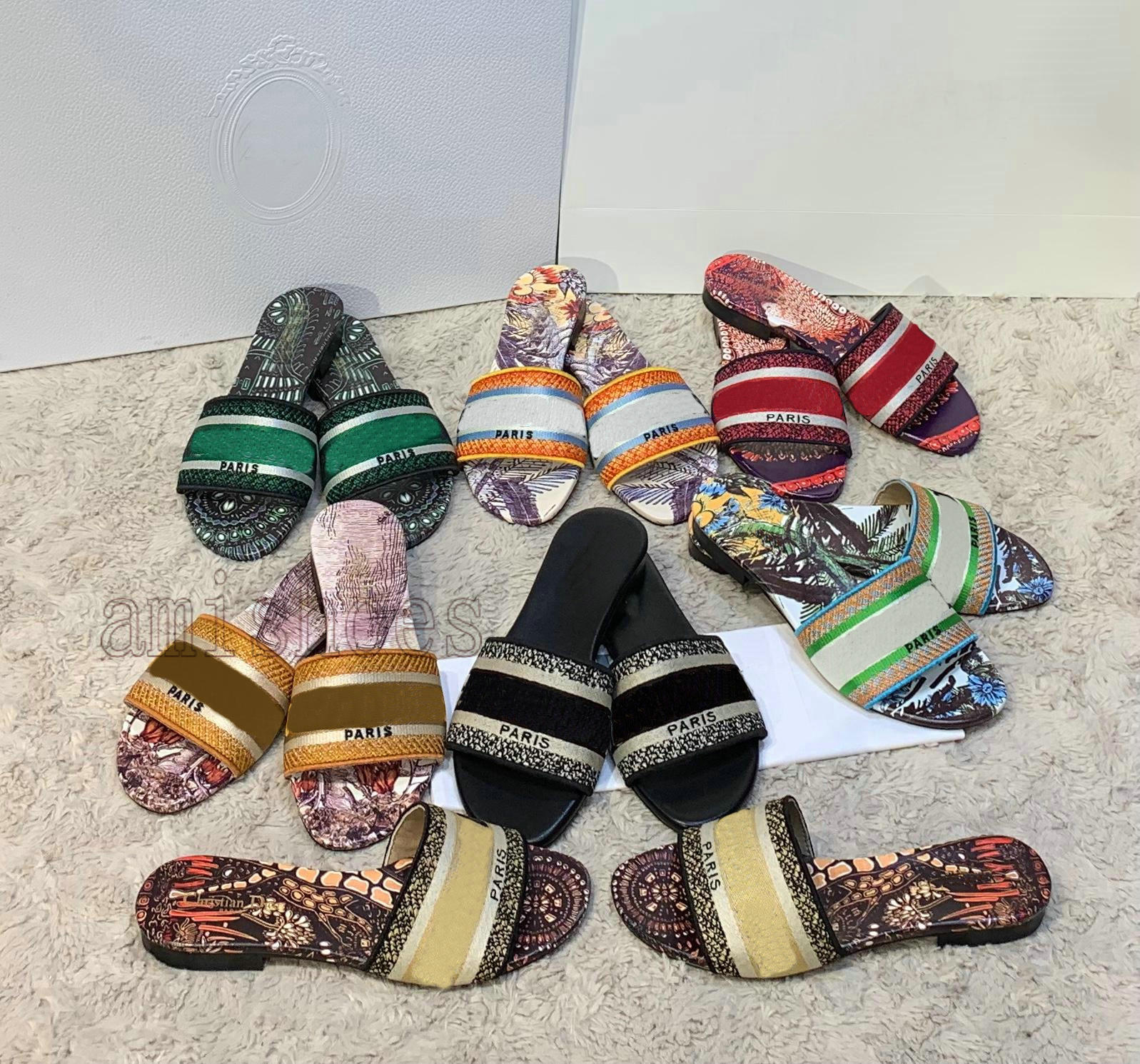 

Dway Mule Sandals Womens Designer Embroidered Slippers Printed Sandal Slides Flip Flops Italy Luxury Brand Womans Paris Sexy Slipper, Black