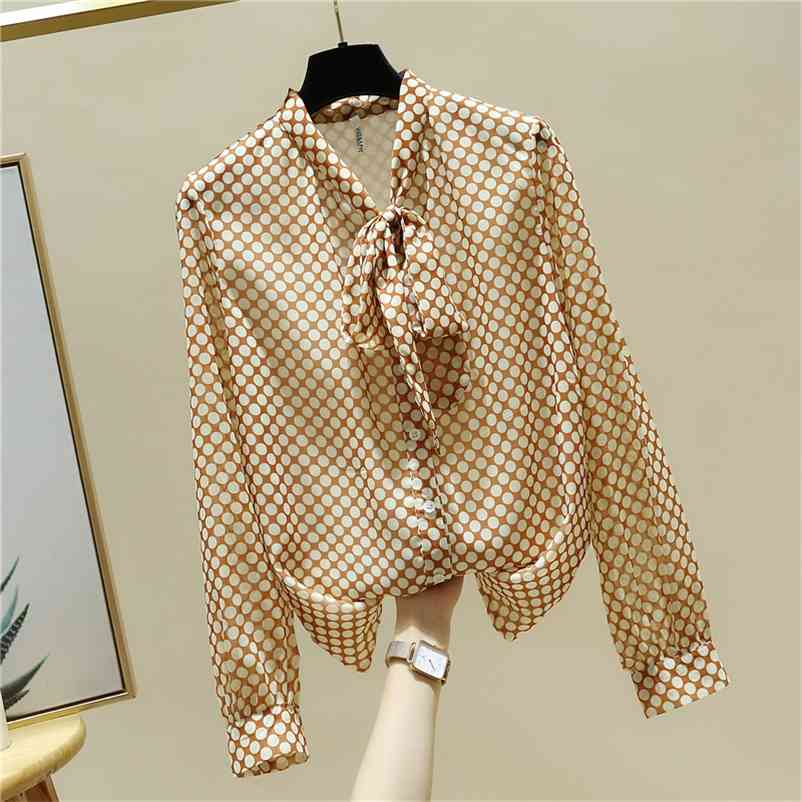 

Autumn Fashion Women's Bow Long Sleeves Polka Dot Chiffon Shirts Female Girls Ladies Shirt Blouse Tops A4049 210519, Camel