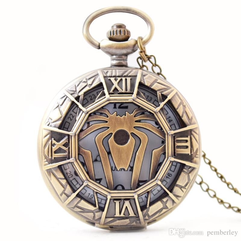 

SL68 Fashion Gift for Kids Boy Black Batman Pendant Pocket Watch Pendant Quartz Steampunk Necklace Gift spider, Slivery;golden