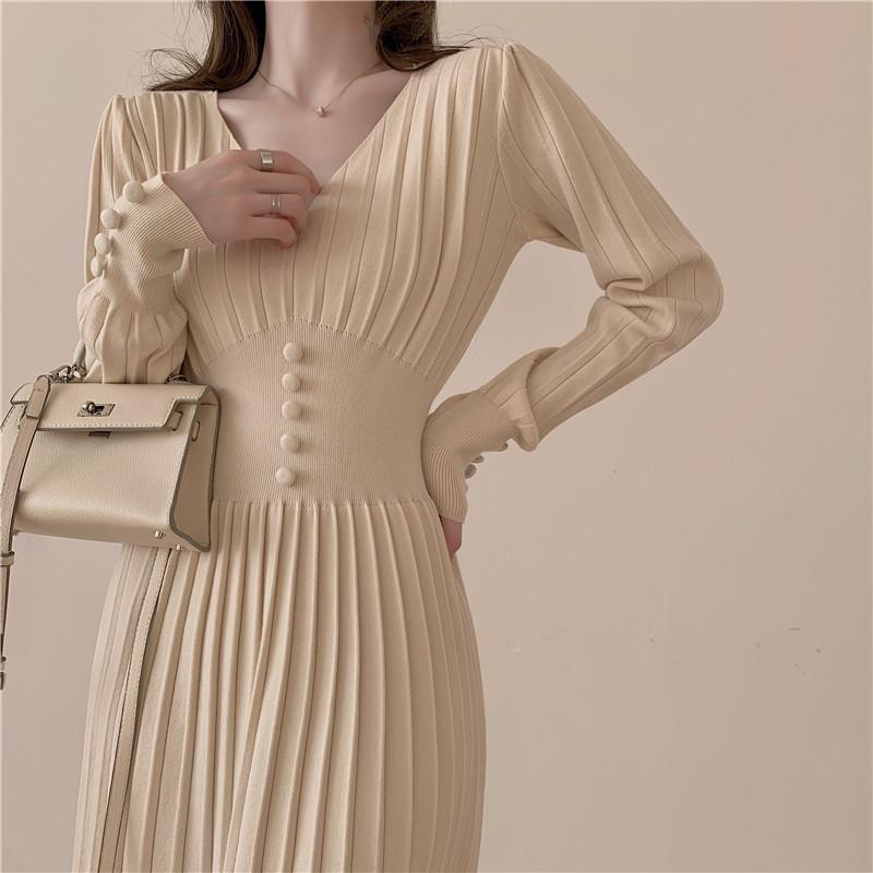 

Casual Dresses 2021 Trend Of Fashion French Retro With Coat Long Skirt Temperament V Neck Sexy Tight Bag Buttocks Knitted Dress Female, Black;gray
