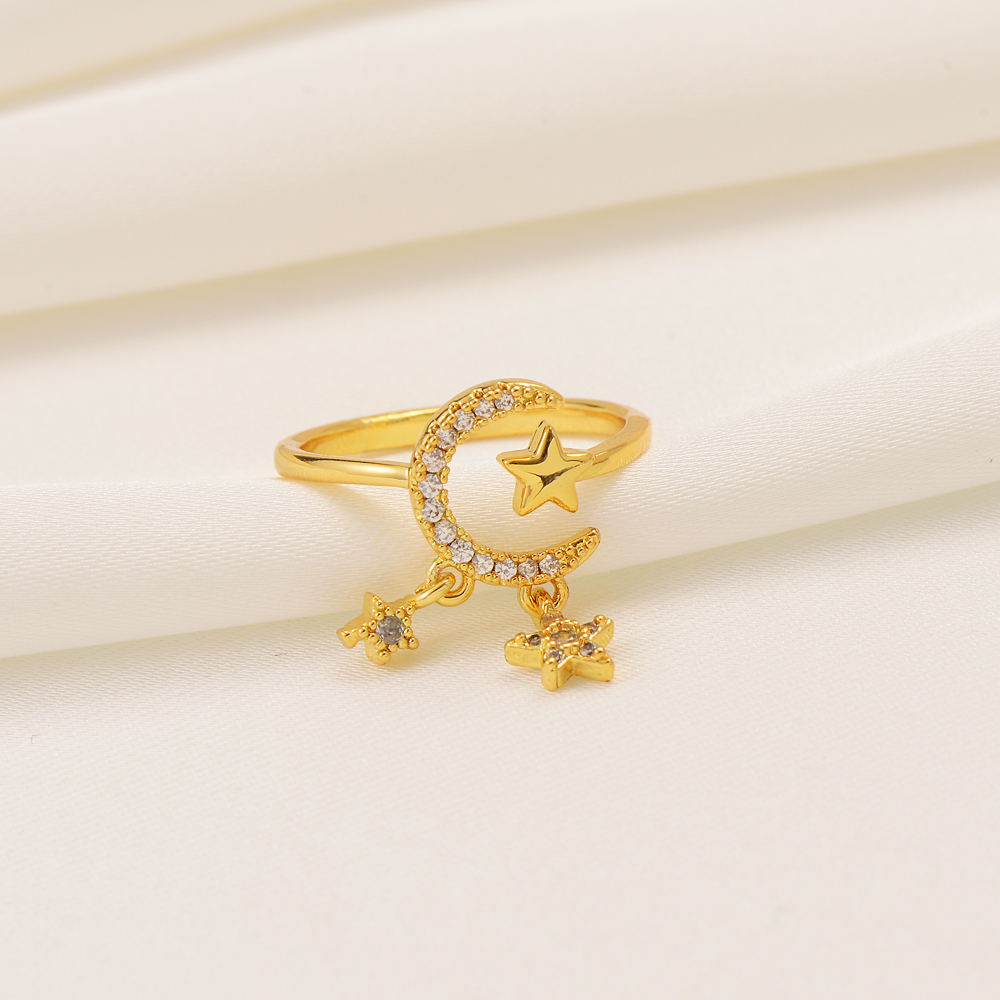With Side Stones 14k Fine Solid Gold 18ct THAI BAHT G/F Crescent Moon Star Ring Band Celestial Night Sky Vintage Triple Goddess Pentacle CZ-image-721013872